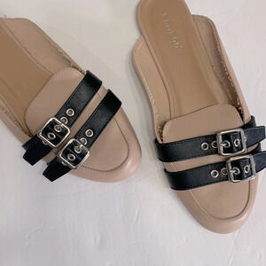 BAMBOO jackpot nude and black buckle detail slides